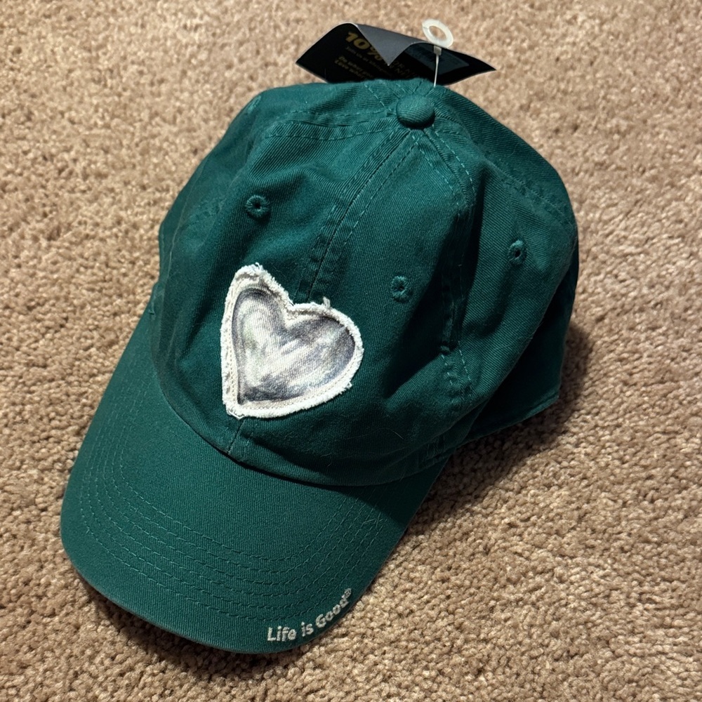 Life is Good Green Ball Cap with Heart detail